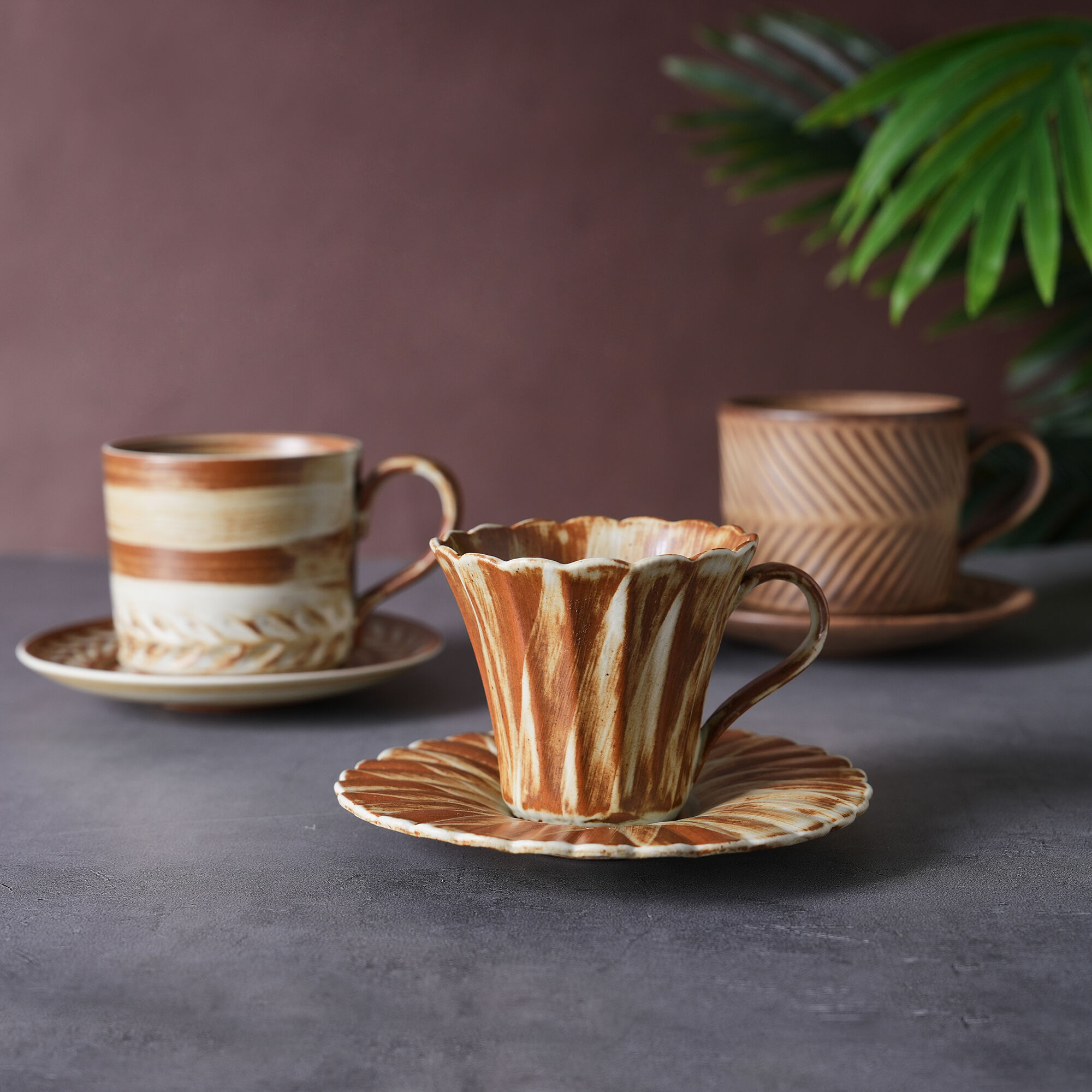 Pottery Spiral Glazed Ceramic Coffee Cup and Saucer Set Glaze Dinnerware Set for Luxury Hotels Resorts and Cafes