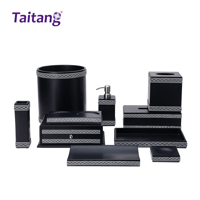 Hotel Room Amenities Set Matte Black Resin with White Pattern 5-Star Guest Room & Bathroom Accessories