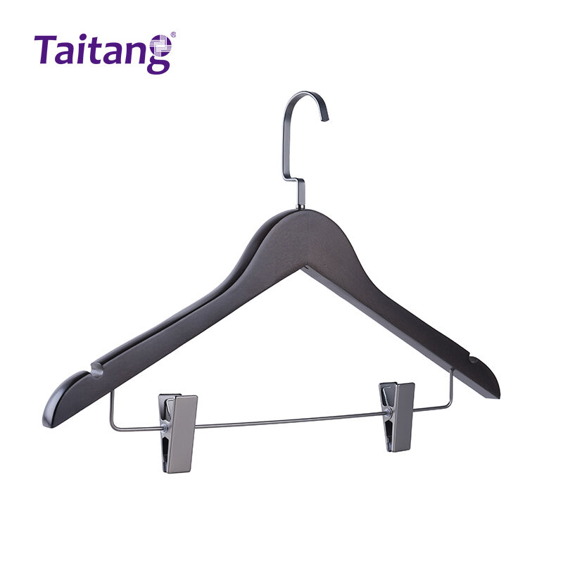 Black Beech Wood Hotel Hangers Heavy-Duty Suit & Trouser Hangers with Non-Slip Clips