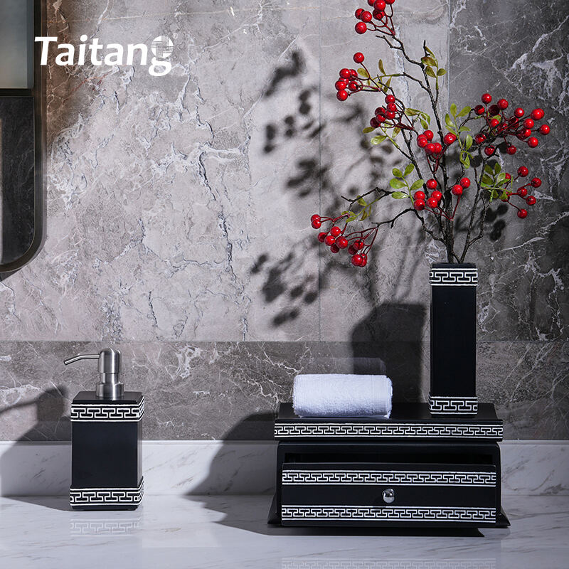 Hotel Room Amenities Set Matte Black Resin with White Pattern 5-Star Guest Room & Bathroom Accessories