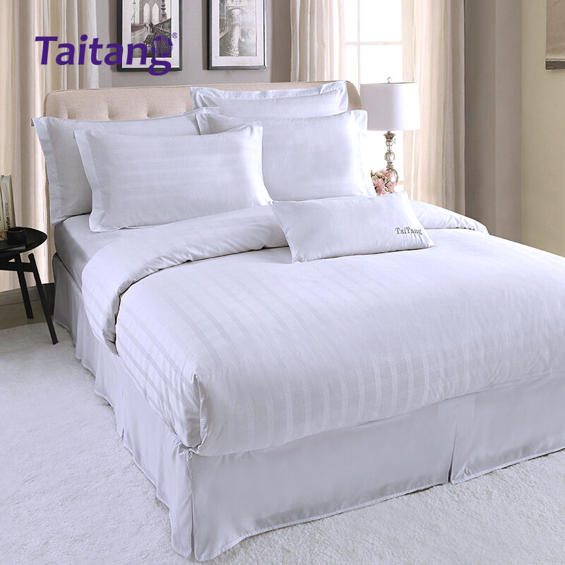 Set Seprai Hotel Mewah 300T Katun Sateen dengan Pola Jacquard Grid Empat Garis Gaya Hotel Komersial