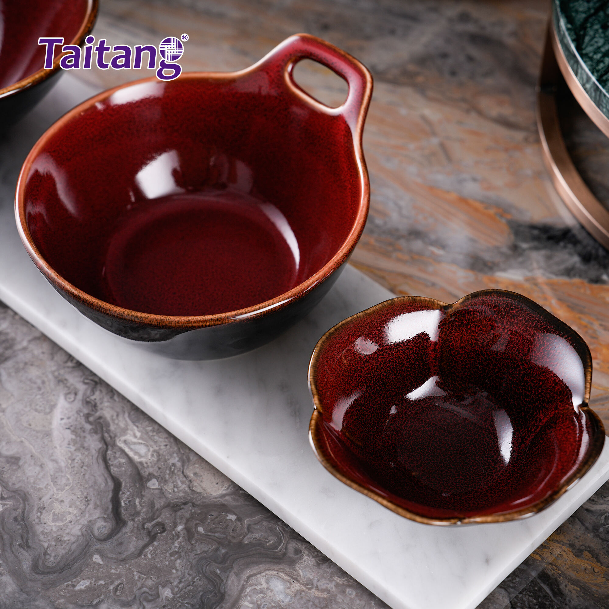 Crimson Modern Dinnerware Sets Red Luxury Geometric Porcelain Dining Sets for High-End Hotels & Restaurants