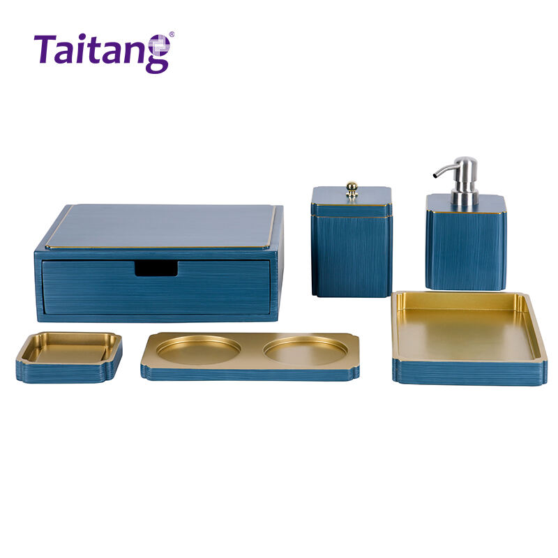Gold Plated Border Blue Hotel Bathroom Resin Accessories Set