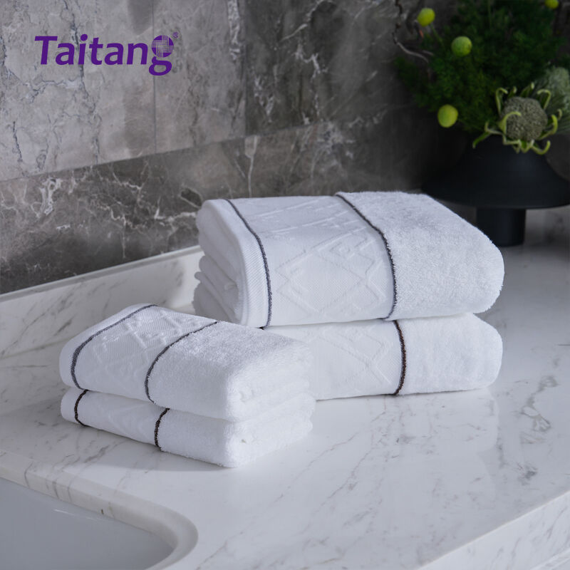 16S Puro Kapotan na Set ng Tuwalya para sa Wholesale ng Hotel na May Grey-Brown na Iprint na Stripe para sa Mga Kagamitan sa Banyo ng Hotel