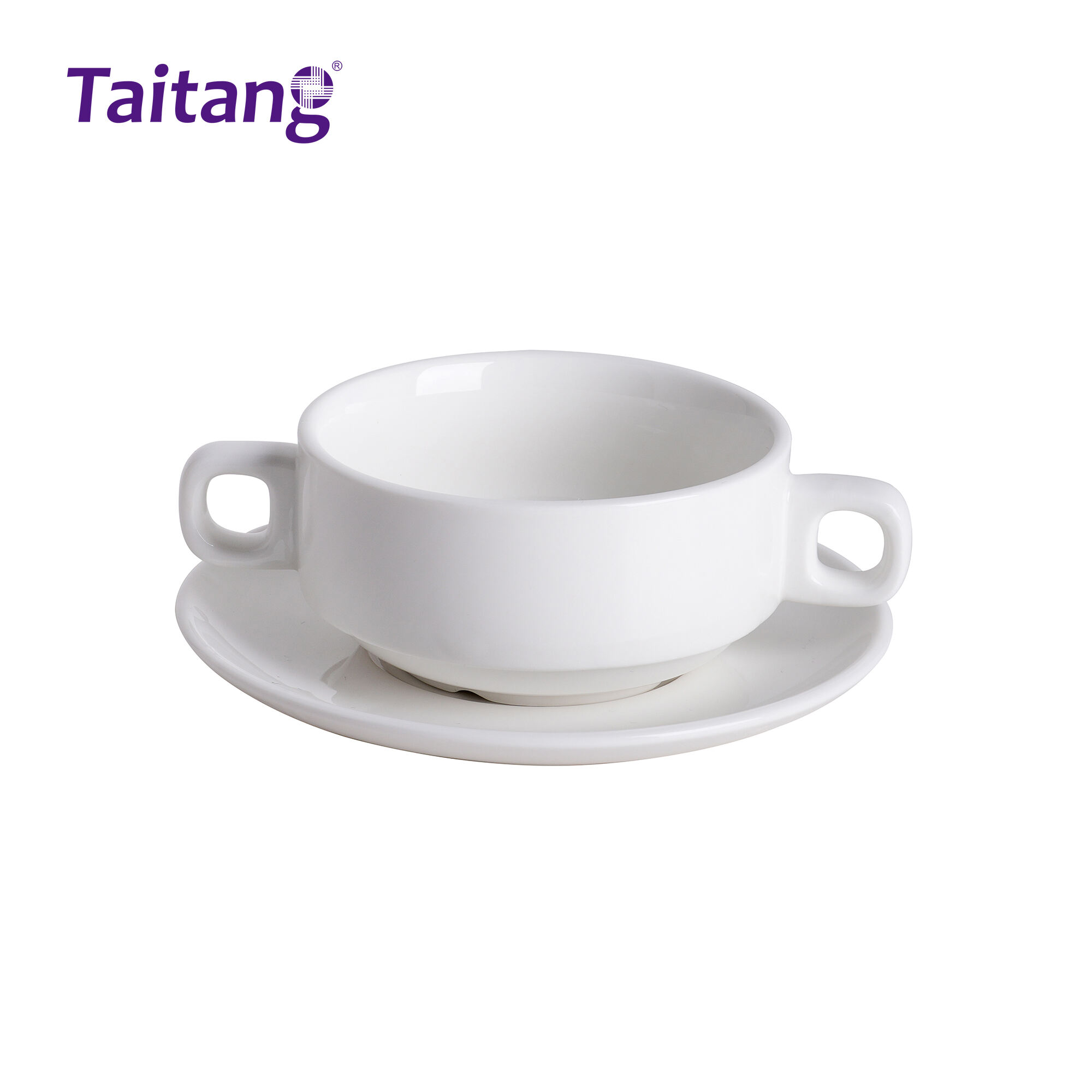 Hotel Dining Buffet Supplies White Ceramic Double-ear Soup Cup Set