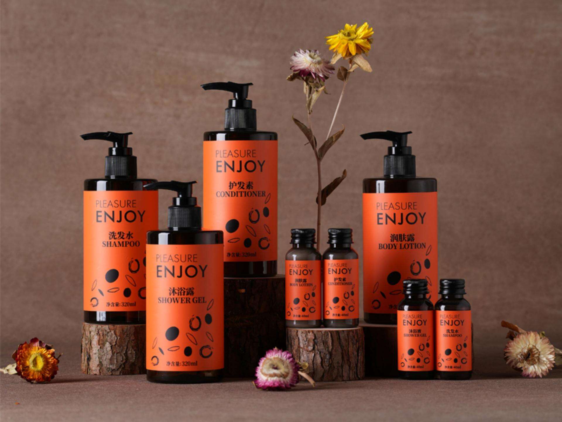 A comprehensive look at Taitang's 'Pleasure Enjoy' guest amenity line, showing both bottles and dispensers..jpg