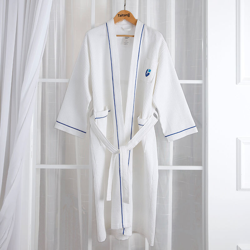 Waffle Kimono Bathrobe with Elegant Blue Piping Premium Hotel Linen Supplier Wholesale