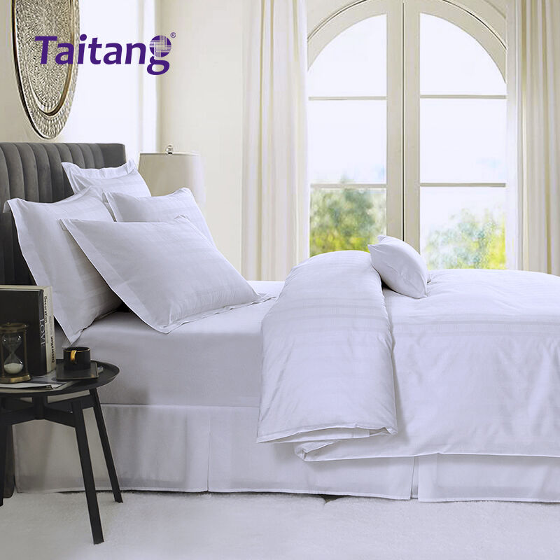 Set Seprai Hotel Mewah 300T Katun Sateen dengan Pola Jacquard Grid Empat Garis Gaya Hotel Komersial
