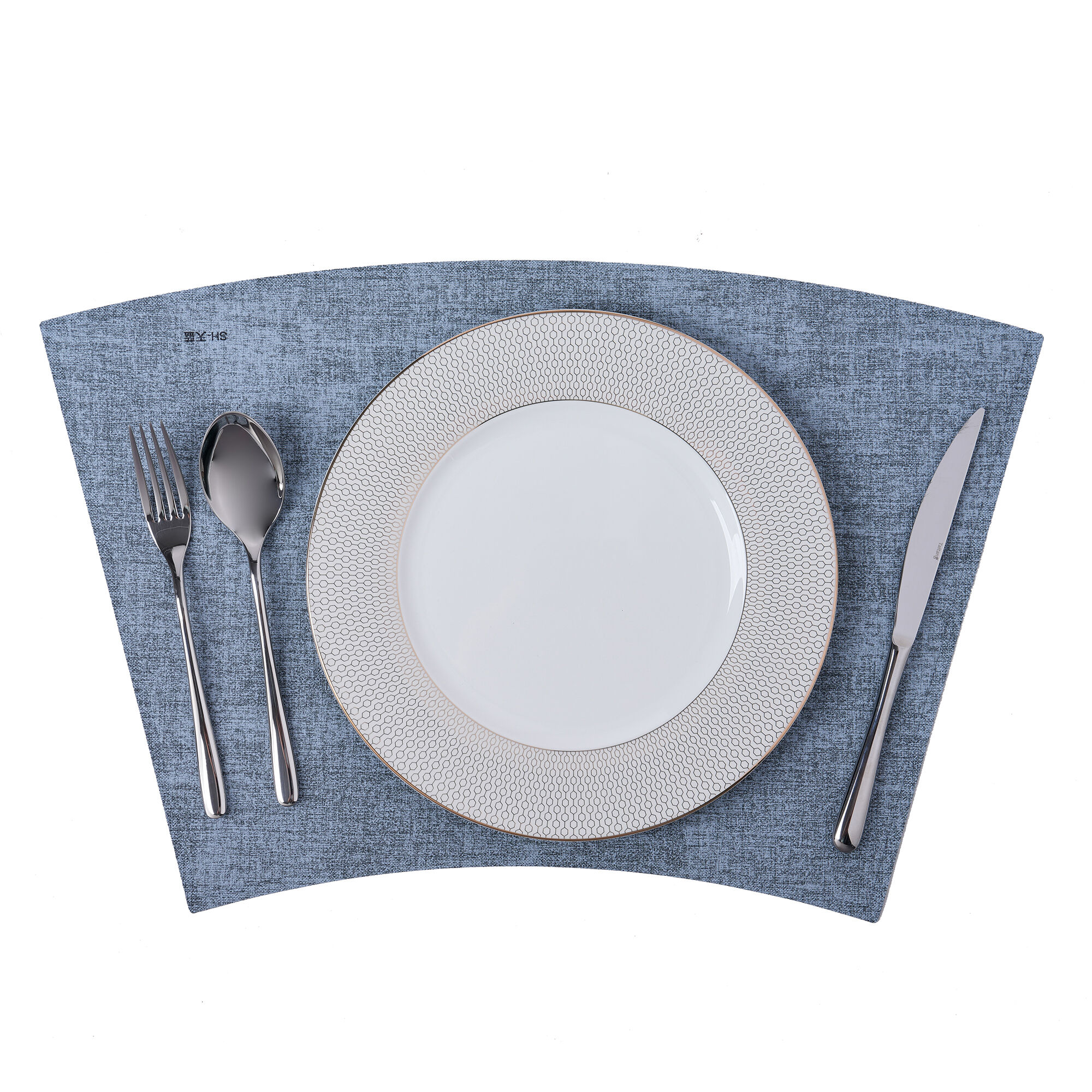 زیرلیوان هتلی با شکل بخشی (سکتور)، زیرلیوان منحنی‌شکل آبی-خاکستری برای میزهای گرد، لوازم مهمان‌نوازی و خدمات غذایی، فروش عمده