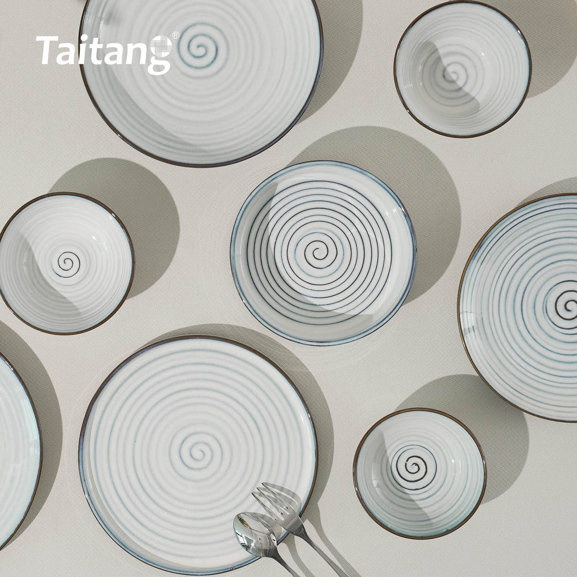 Greyish-White Spiral Glazed Ceramic Dinnerware Set Commercial Grade Tableware for Hotels & Restaurants