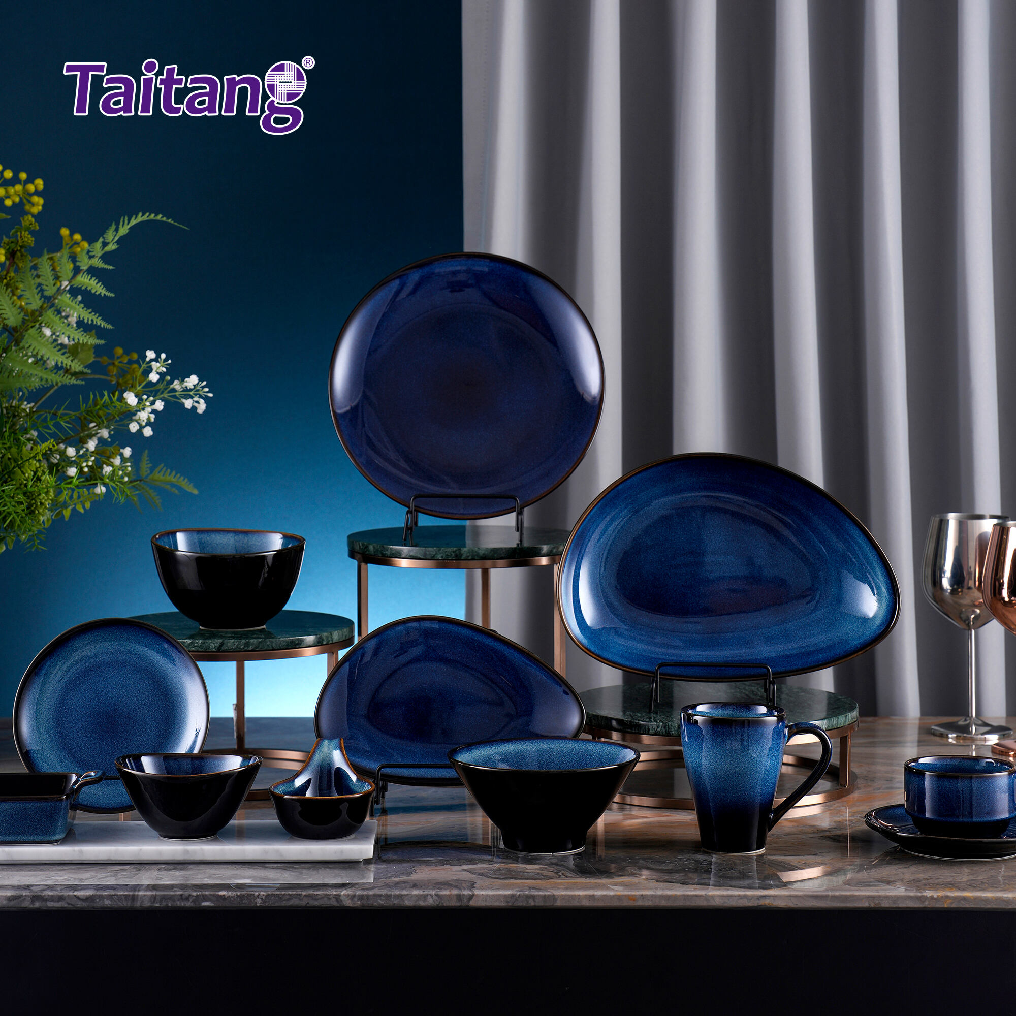 Deep Blue Glaze Hotel Buffet Dinnerware Set - Unique 1300°C High-Temp Ceramic, Microwave & Oven Safe