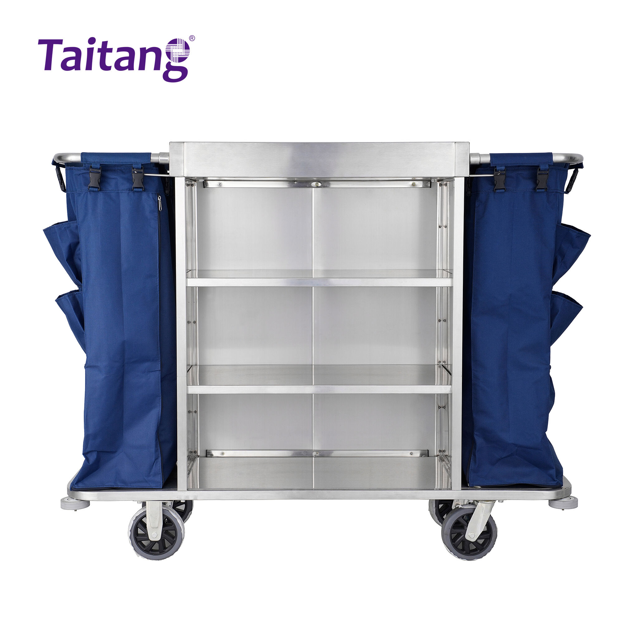 Stainless Steel Hotel Housekeeping Trolley Professional Room Service Cart with Large Capacity Blue Bags