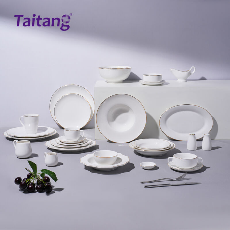 Gold Rim Dinnerware Porcelain Dishes & Plate Set Custom Catering Supplies