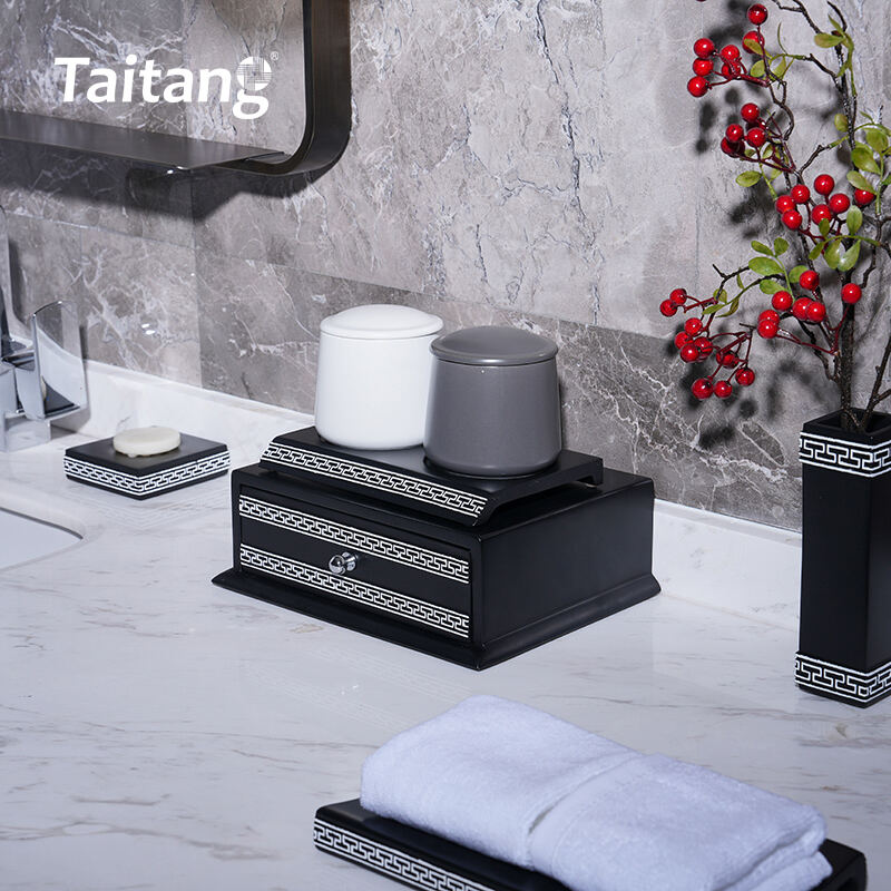 Hotel Room Amenities Set Matte Black Resin with White Pattern 5-Star Guest Room & Bathroom Accessories
