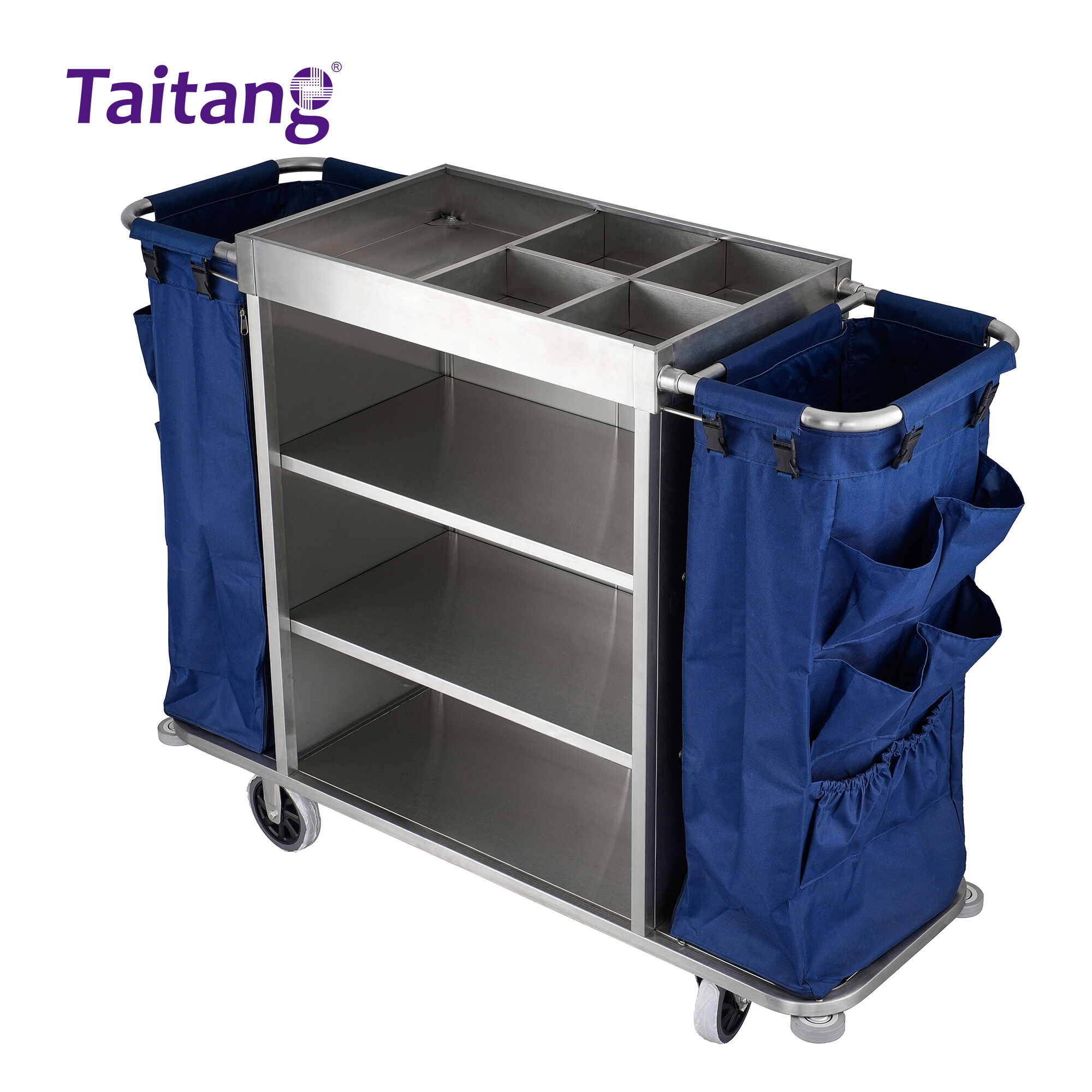 Stainless Steel Hotel Housekeeping Trolley Professional Room Service Cart with Large Capacity Blue Bags