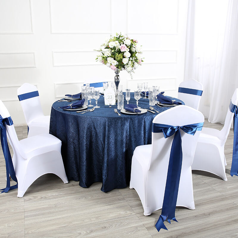 پارچه‌پوش میز شام‌خوری آبی تیره از جنس پلی‌استر و ست روبان‌های آبی سلطنتی — لوازم تأمین تجاری برای هتل و خدمات غذایی