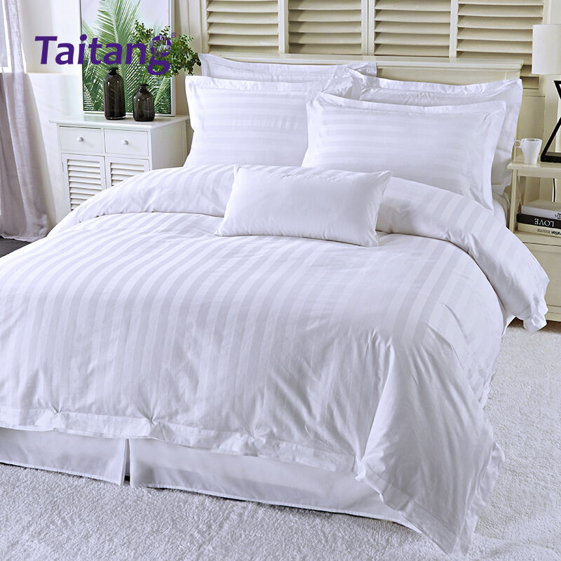 set Seprai Bergaya Hotel dari Katun Sateen 300TC dengan Pola Jacquard Garis Satin 3 cm untuk Linen Tempat Tidur Hotel Mewah di Suite Hospitality