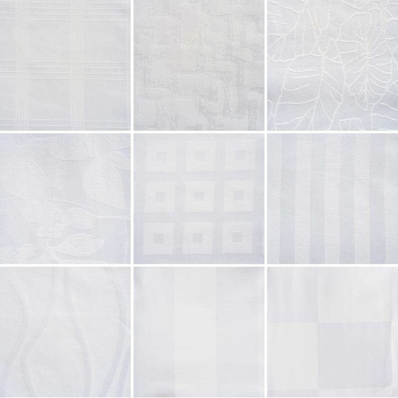 Displaying nine premium white cotton sateen jacquard weave patterns including stripes, geometric grids, organic leaf contours, and wave textures for hotel linen customization.jpg