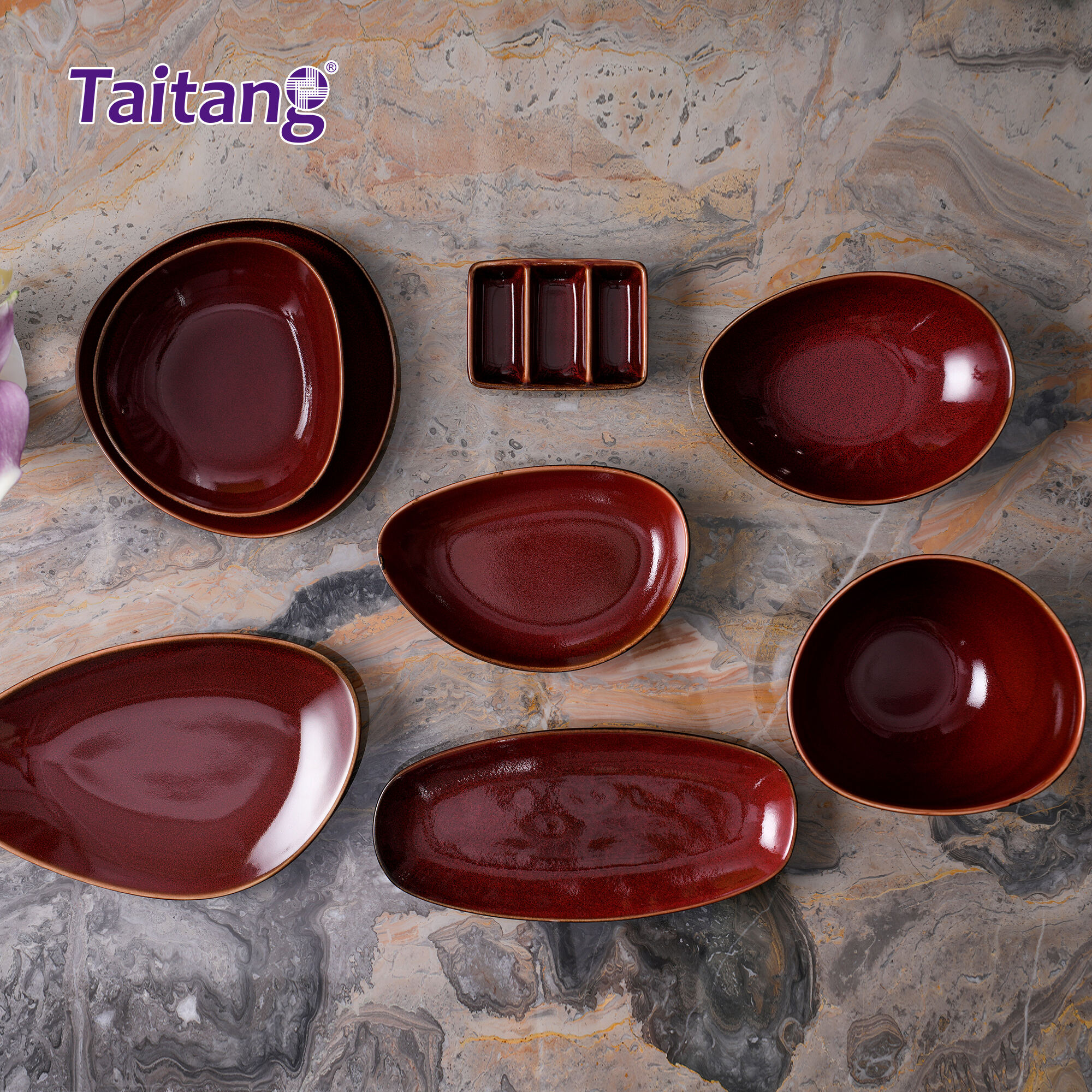 Crimson Modern Dinnerware Sets Red Luxury Geometric Porcelain Dining Sets for High-End Hotels & Restaurants