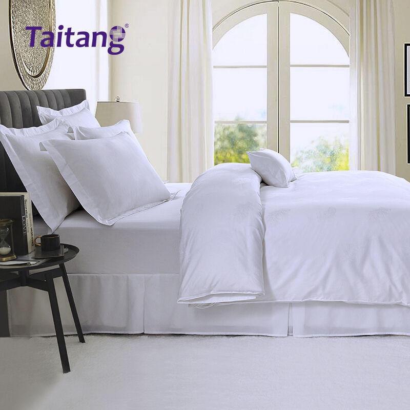 Set Tempat Tidur Mewah Hotel Berbahan Katun dengan Motif Bulu Jacquard 300T, Termasuk Sarung Selimut, Seprai Datar, dan Sarung Bantal