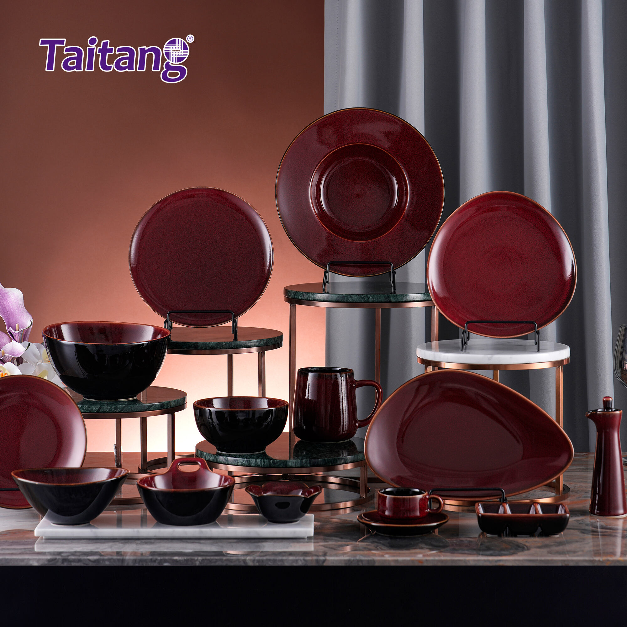 Crimson Red Hotel Restaurant Dinnerware Collection - 1300°C Fire-Forged Ceramic, Each Piece Unique