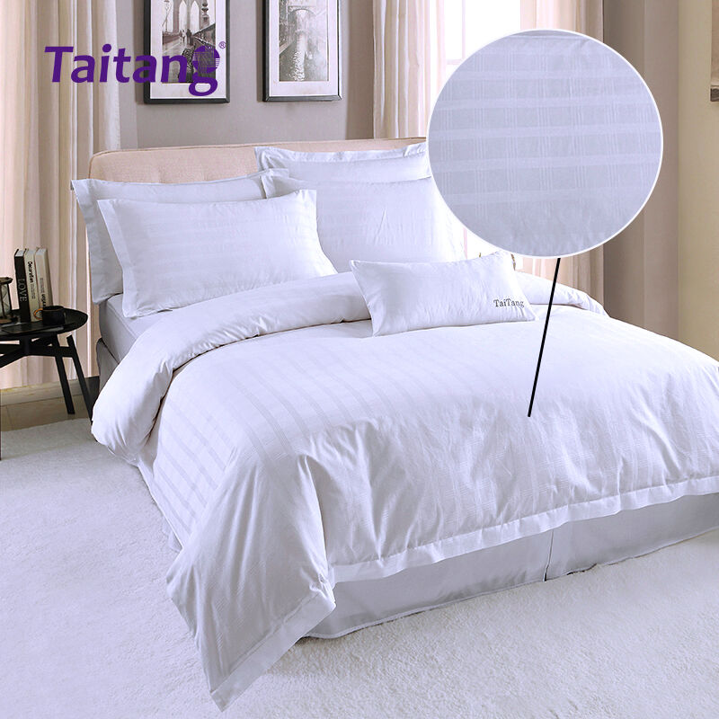 Set Seprai Hotel Mewah 300T Katun Sateen dengan Pola Jacquard Grid Empat Garis Gaya Hotel Komersial
