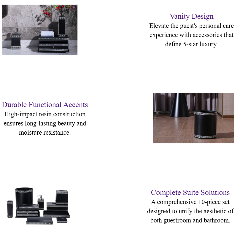 Classic Hotel Room Amenities Set Matte Black Resin with White Pattern 5-Star Guest Room & Bathroom Accessories.png