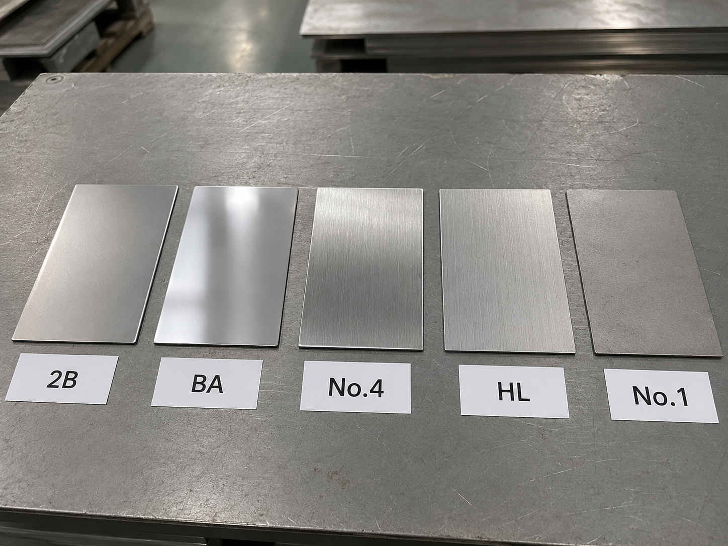 Stainless steel sheet surface finishes including 2B BA No 4 HL and No 1