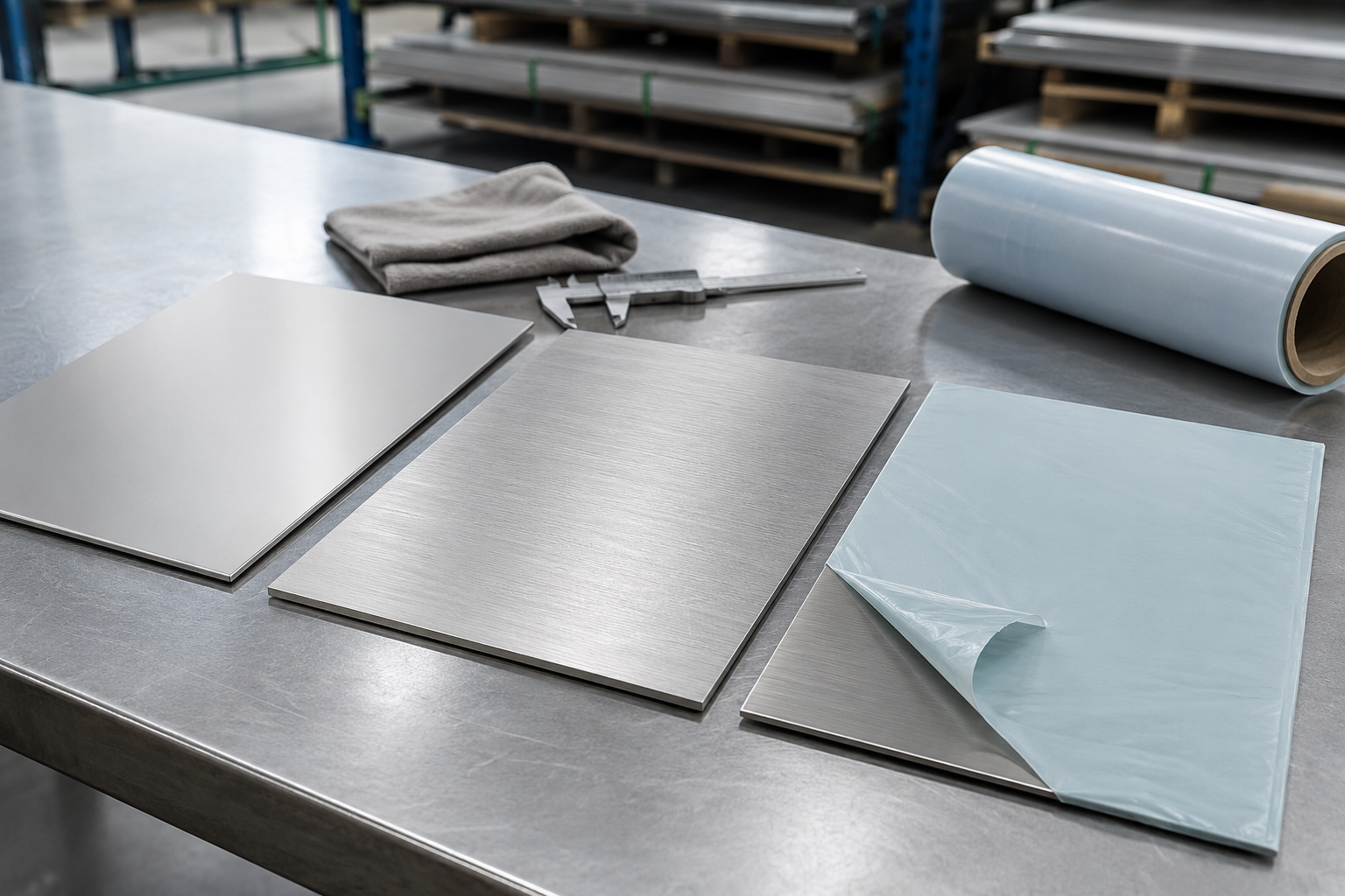 Stainless steel sheet metal surface finish and protective film during fabrication