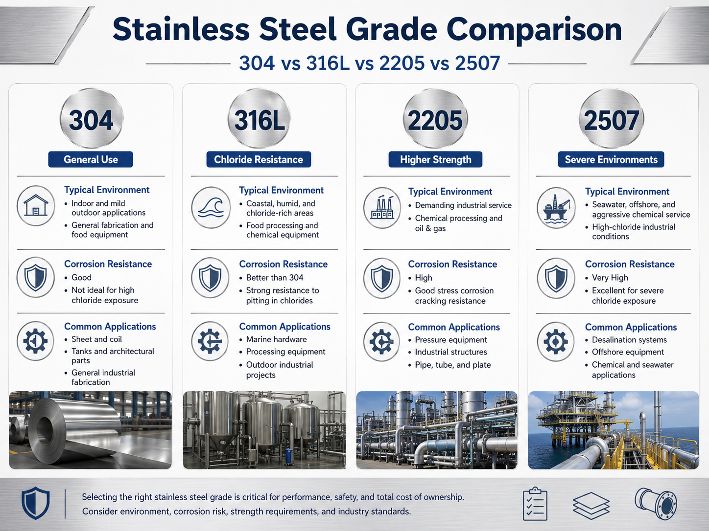 Stainless steel grade selection guide comparing 304 316L 2205 and 2507 corrosion resistance.png