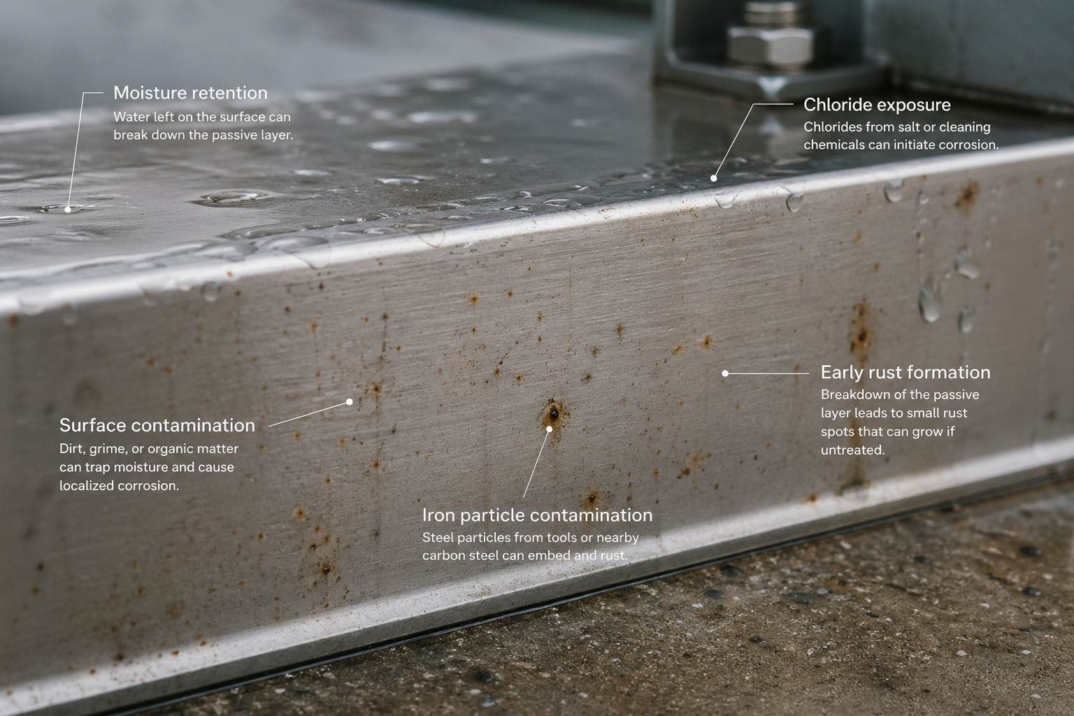 Light rust and surface contamination on stainless steel caused by chlorides and iron particles.png