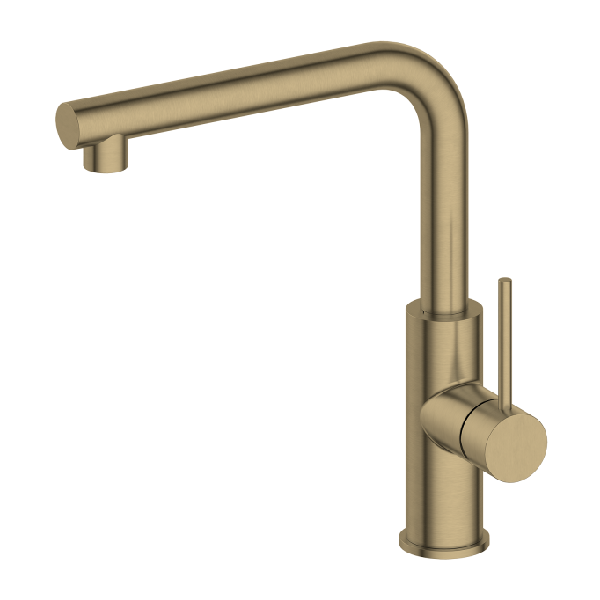 Grifo de cocina en forma de L con acabado dorado cepillado y giro de 360°