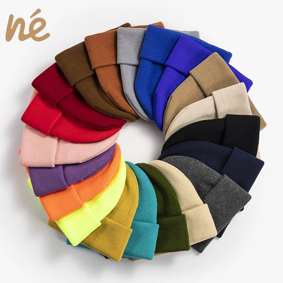 Wholesale Custom Unisex Blank Beanie Cap Autumn Winter Solid Color Plain Knit Cuffed Knitted hat