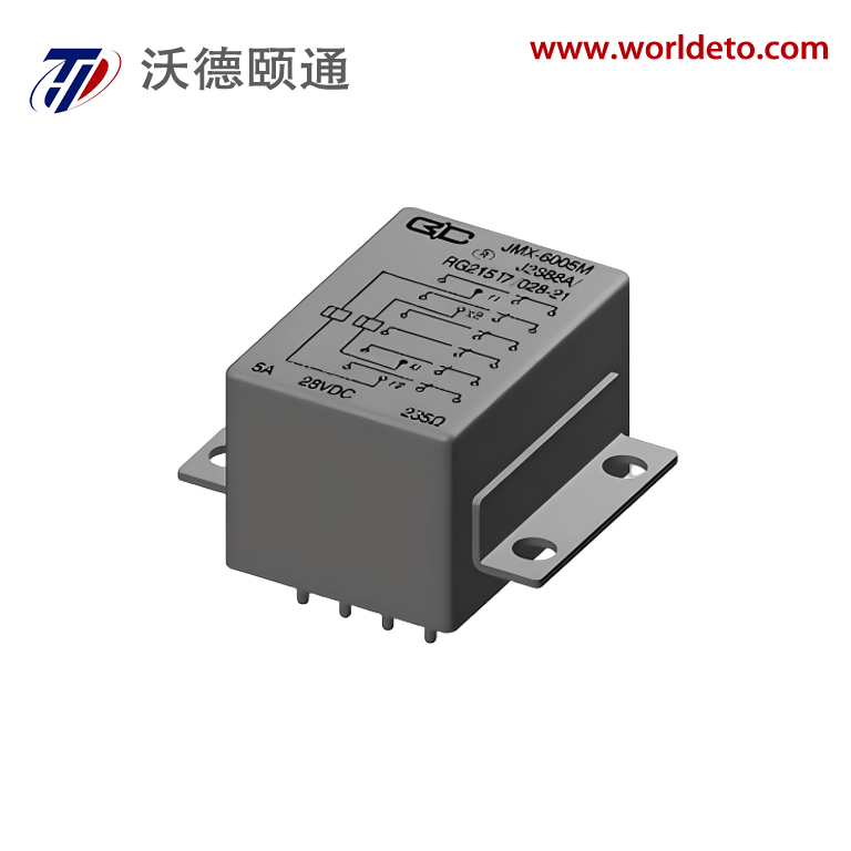 JMX-6005M, 5 A, 28 Vd.c. Екі басқару орамы және алты ауыстыру контактісі бар герметикалық магниттік ажыратқыш реле, қосып-ажыратуға қабілетті, Автоматтандыру басқаруы мен ғарыштық өнеркәсіп салаларында қолданылатын тізбектерді ажырату үшін қолданылады.