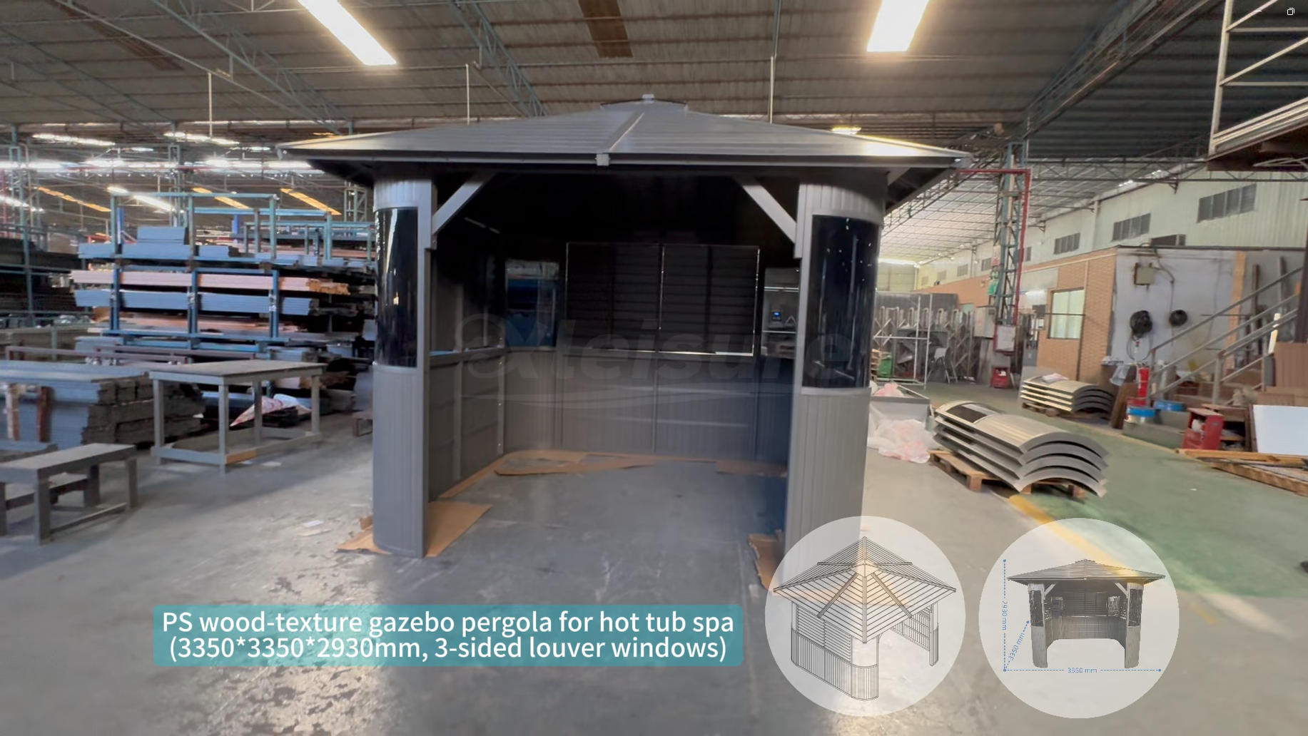 PS wood-texture gazebo pergola for hot tub spa(3350*3350*2930mm, 3-sided louver windows)