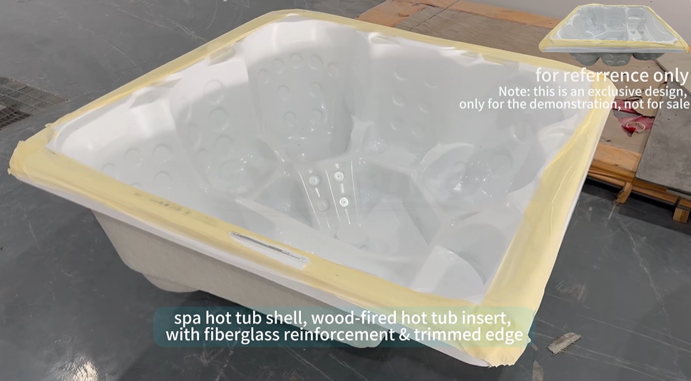  spa hot tub shell, wood-fired hot tub insert, with fiberglass reinforcement & trimmed edge