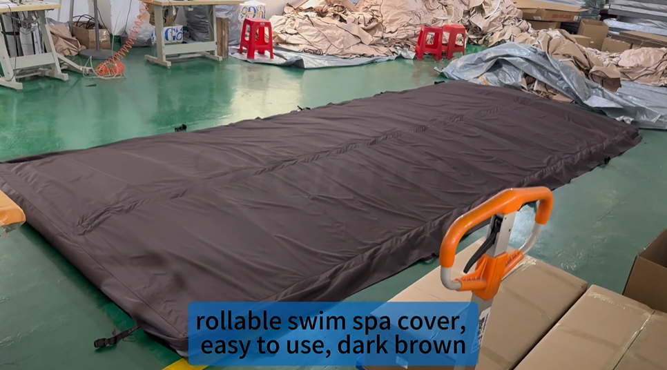  rollable swim spa cover, easy to use, dark brown