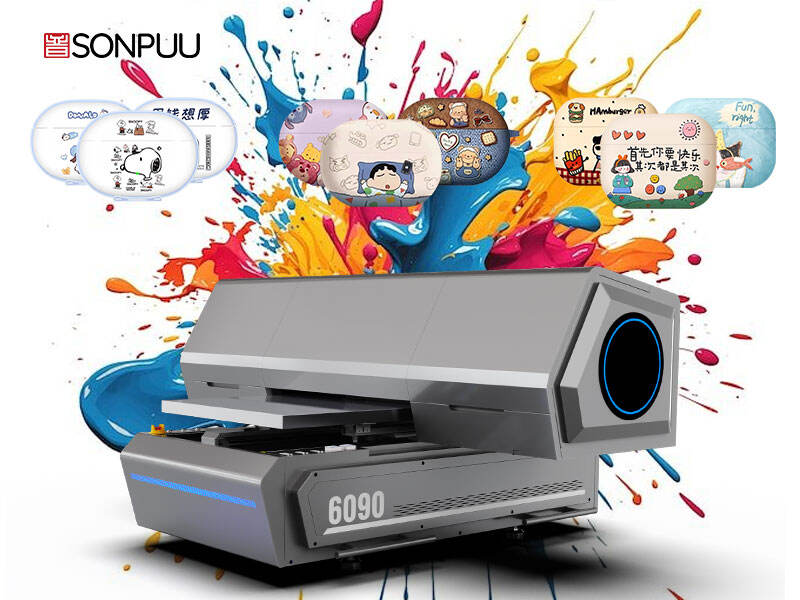 6090UV printer: precise printing of earphone cases, showcasing diverse cute patterns, customizing exclusive adorable protective covers