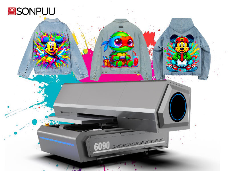 6090UV printer: precise printing on denim clothing, showcasing vibrant colors and trendy patterns, making denim outfits more eye-catching.