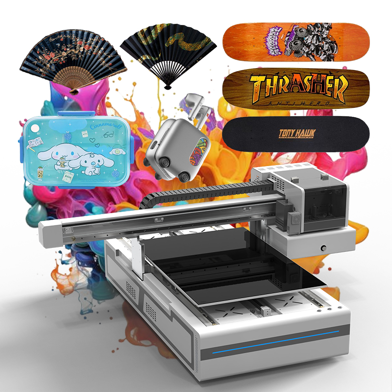 Sonpuu 6090 Impressora UV versátil Impressora Digital de Mesa para Venda Imprime Padrões Vibrantes em Ventiladores, Pranchas de Skate, Malas