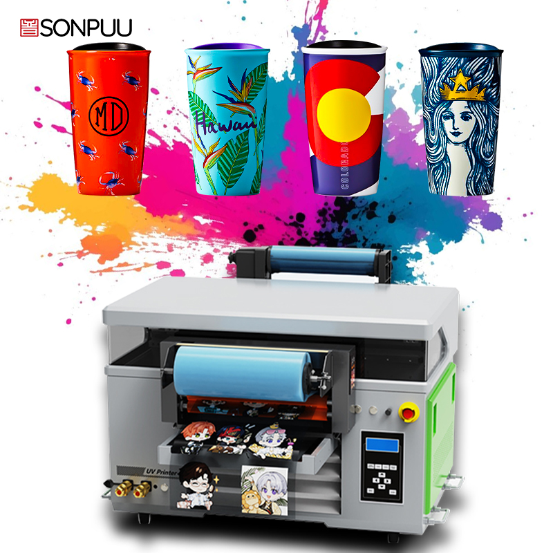 Sonpuu 4060 Roll-flat UV yazıcı, parlak UV mürekkepleri kullanarak UV dtf baskıları ile fincan desenleri ve özelleştirilebilir kıvrımlı yüzeyler oluşturur