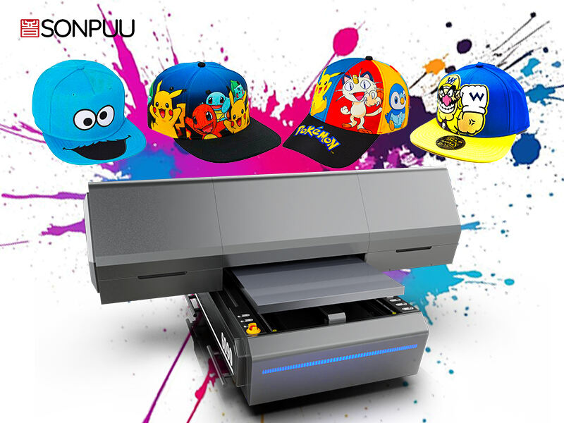 The 6090UV printer makes it easy to print on hats, featuring various cartoon patterns that cater to children's preferences