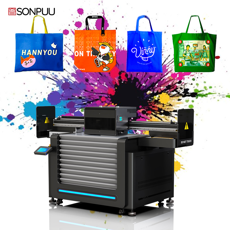 Drukarka Sonpuu 9060 UV to wysokiej klasy maszyna do drukowania na płótnie, umożliwiająca trwałe wzory na indywidualnie zaprojektowanych torbach z płótna