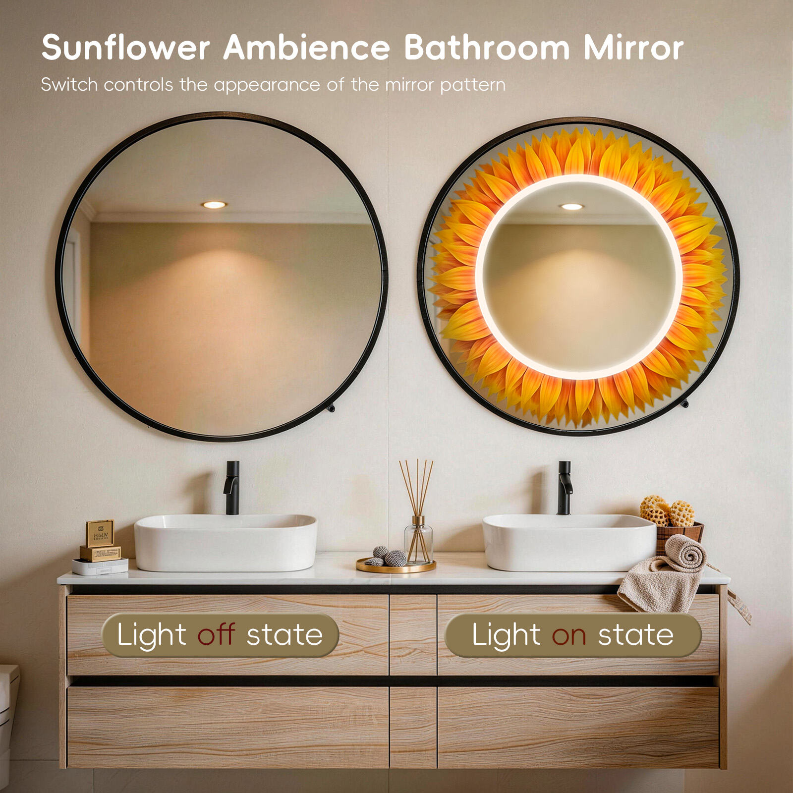 Lustra łazienkowe Sunflower z diodami LED w czarnym aluminiowym ramie – inteligentne lustro toaletowe z czujnikiem podczerwieni