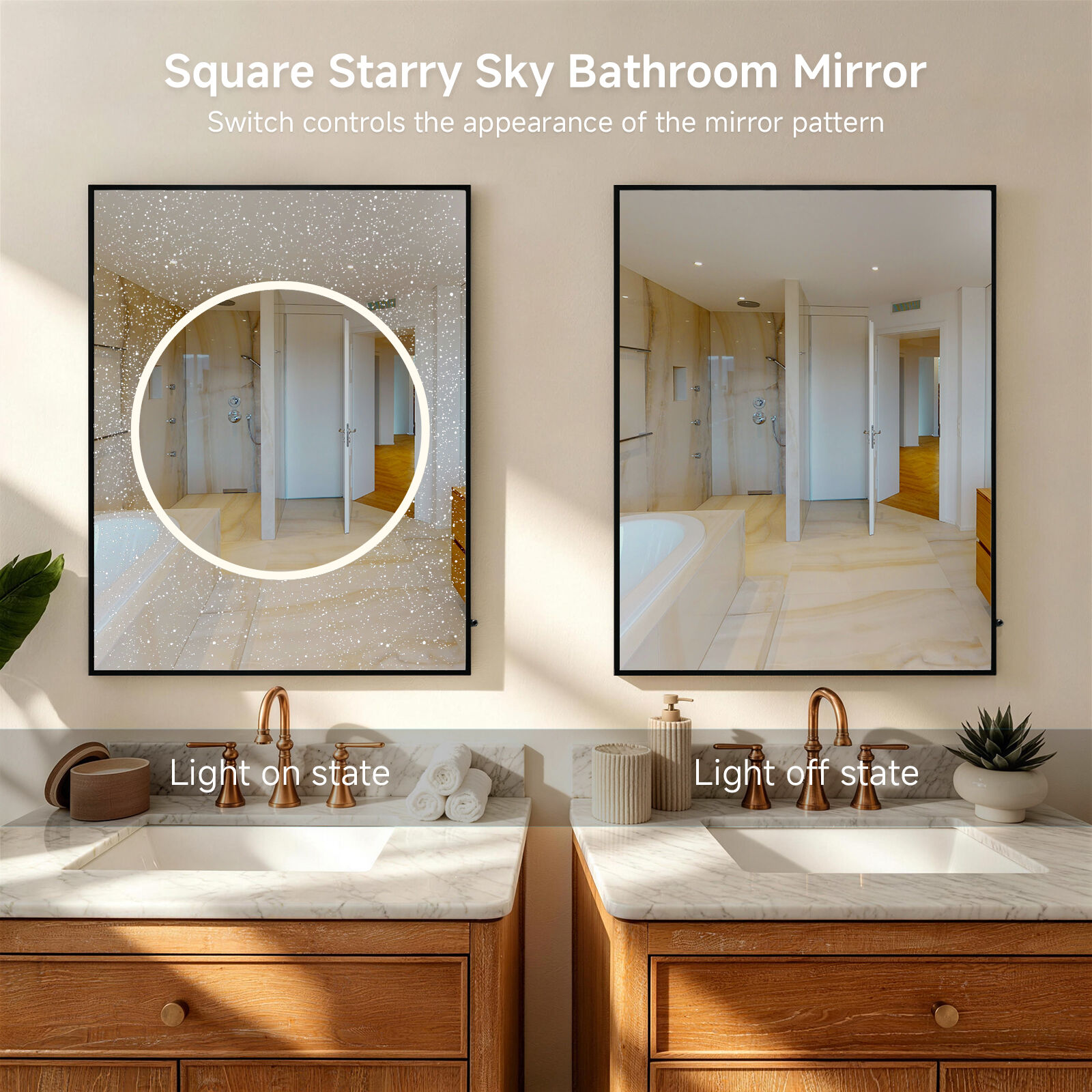 Square Starry Sky LED Bathroom Mirror – Smart Infrared Sensor Mirror with Black Aluminum Frame