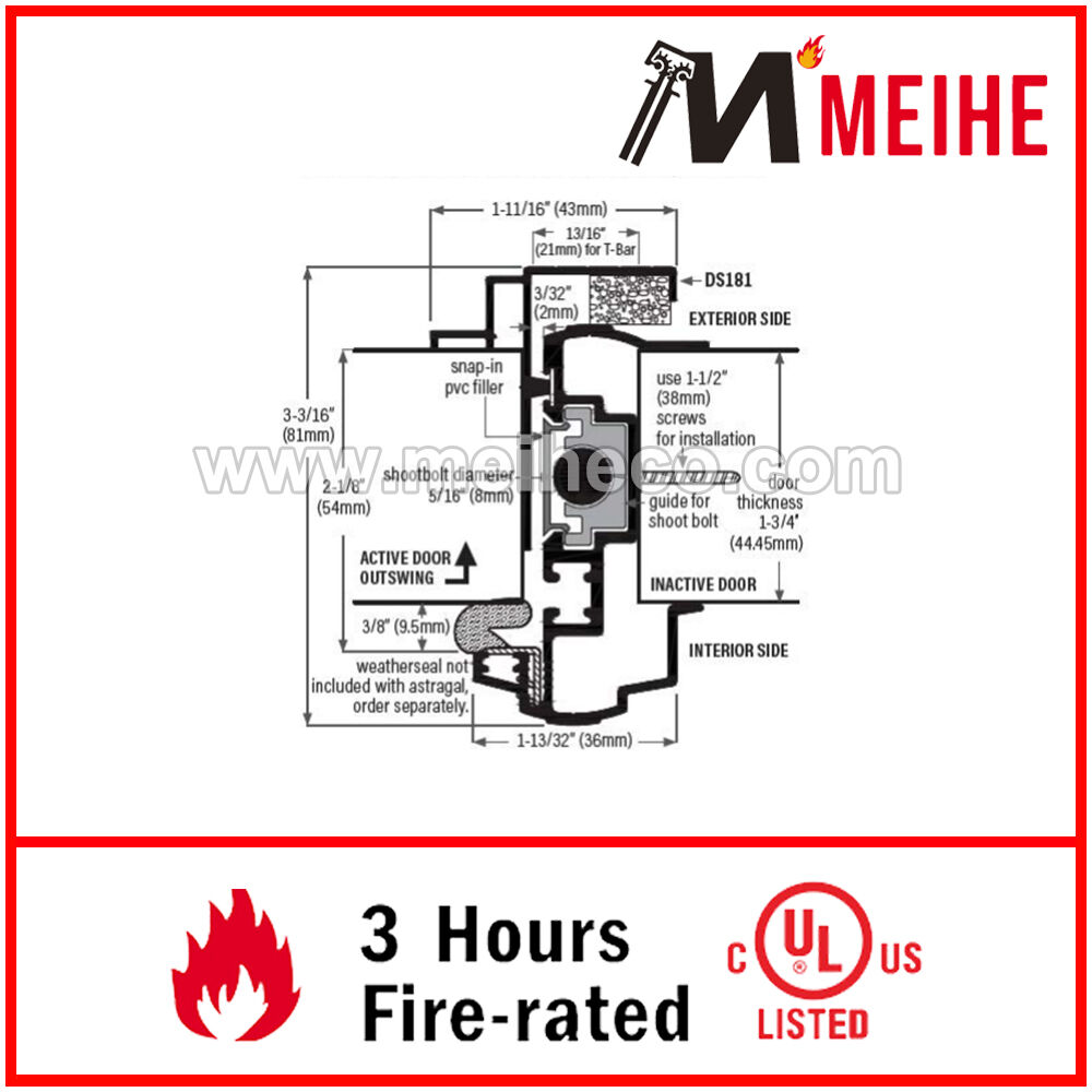 YDW605 High Quality Commercial Door Locking Astragals North American Popular Outswing Neoprene Gasket Industrial Style Aluminium