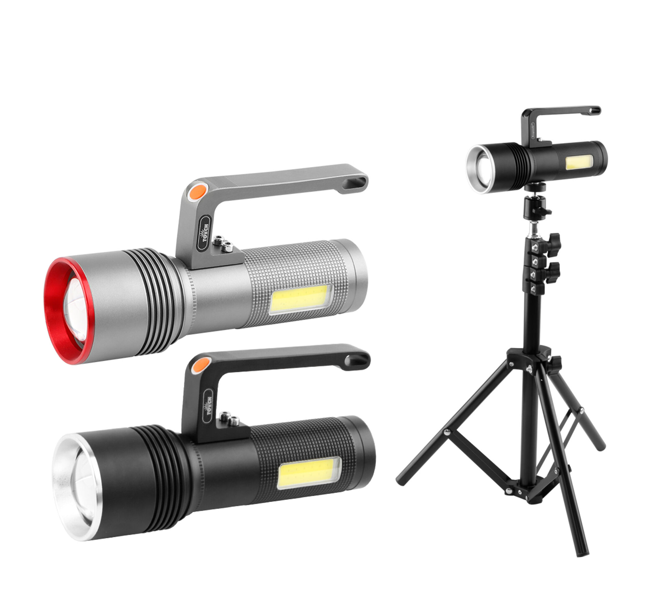 Linterna LED recargable por USB, luz táctica de alto lumen con luz lateral y asa para uso en exteriores y emergencias