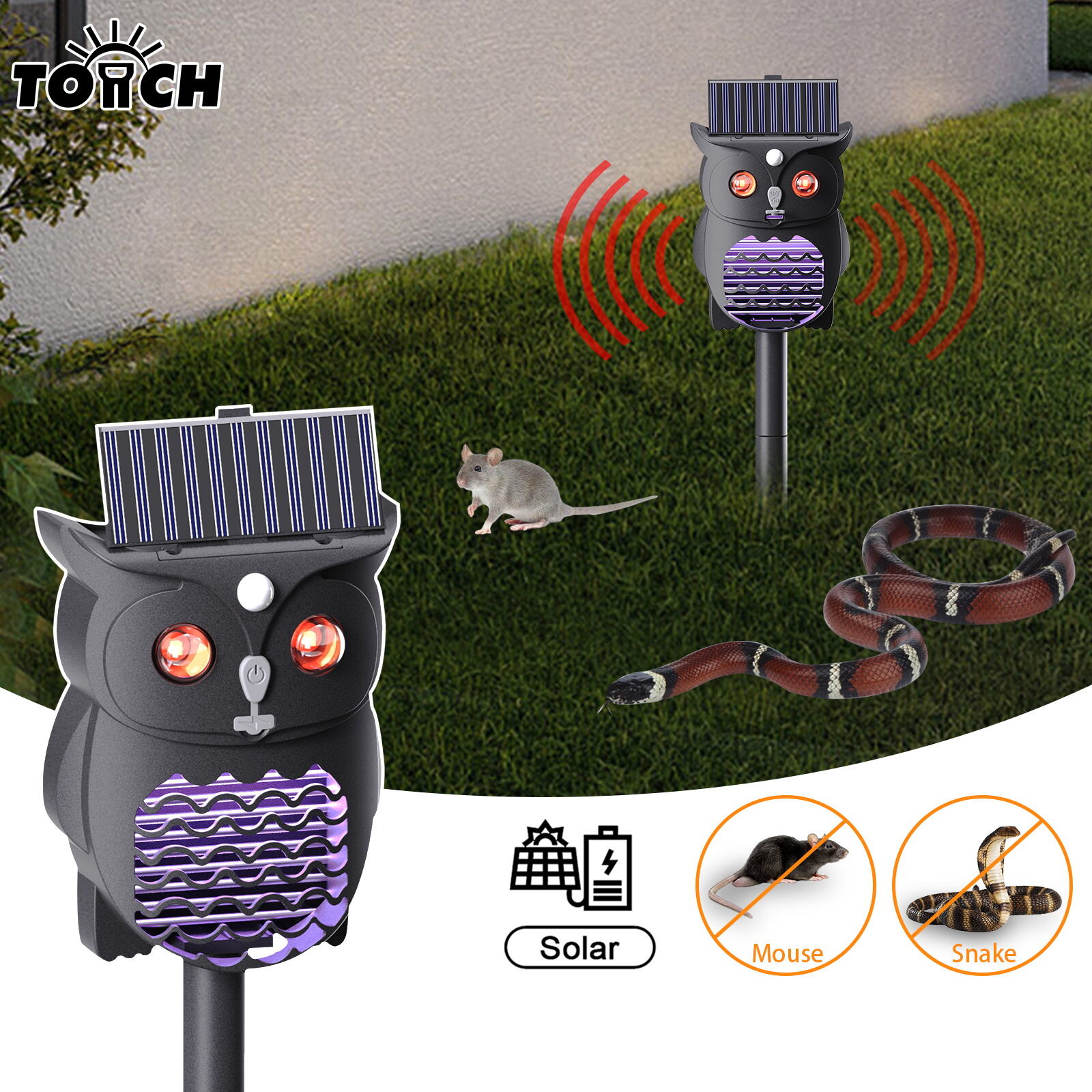 Lampada Solare Repellente Animale con USB Ricaricabile e Sonar per Gatti, Ratti, Serpenti