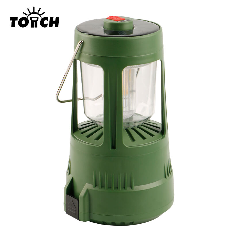 Aurinkopaneeilla ladattava leirintävalo koukulla, tehon näytöllä ja monitoimityökalulla