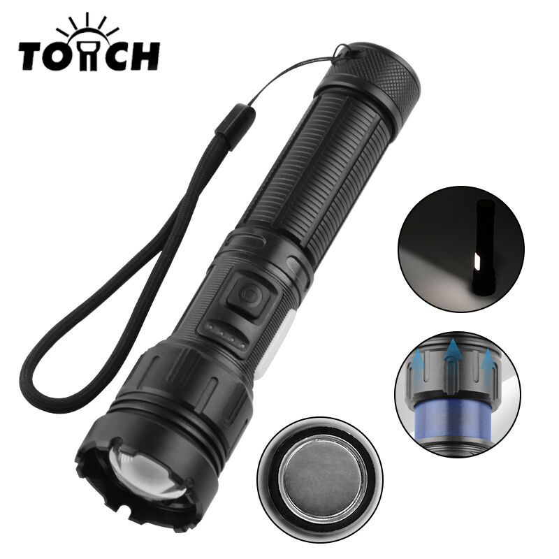 Senter LED Isi Ulang dengan Kemampuan Zoom, Tampilan Daya, dan Fungsi Bank Daya